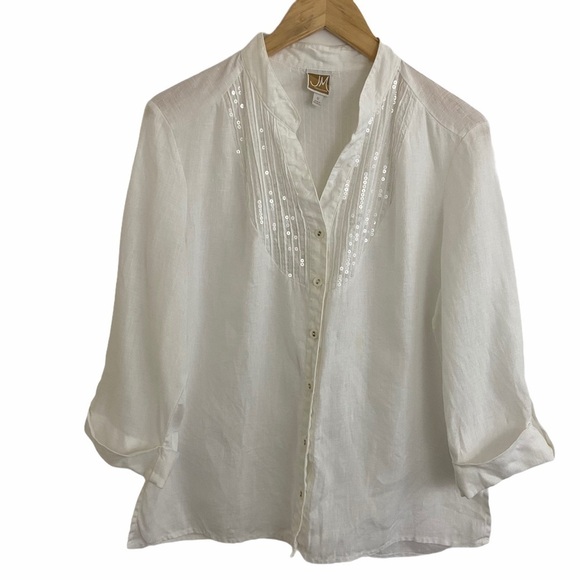 JM Collection 100% Linen White Sequined Tunic Top - Picture 1 of 10